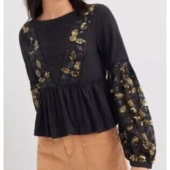 Anthropologie Neale Top Size M Sequined Embroidered Ballon Sleeves Black Peplum - Picture 2 of 8